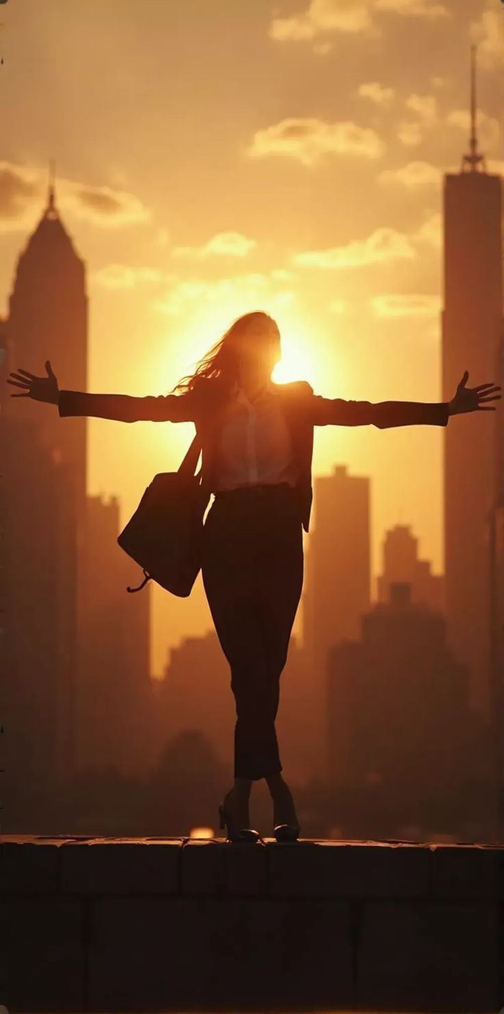 Femme silhouette bras ouverts face à un lever de soleil sur une skyline urbaine, symbole de la carrière reprise en main
